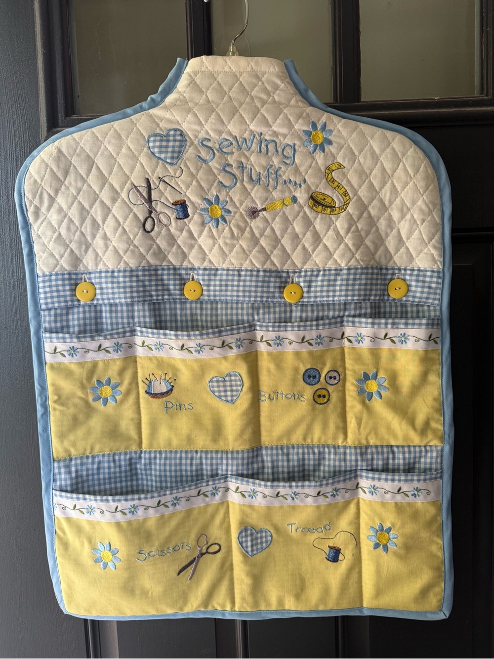 Handmade Quilted 'Sewing Stuff' Organizer Pockets in Yellow & Light Blue